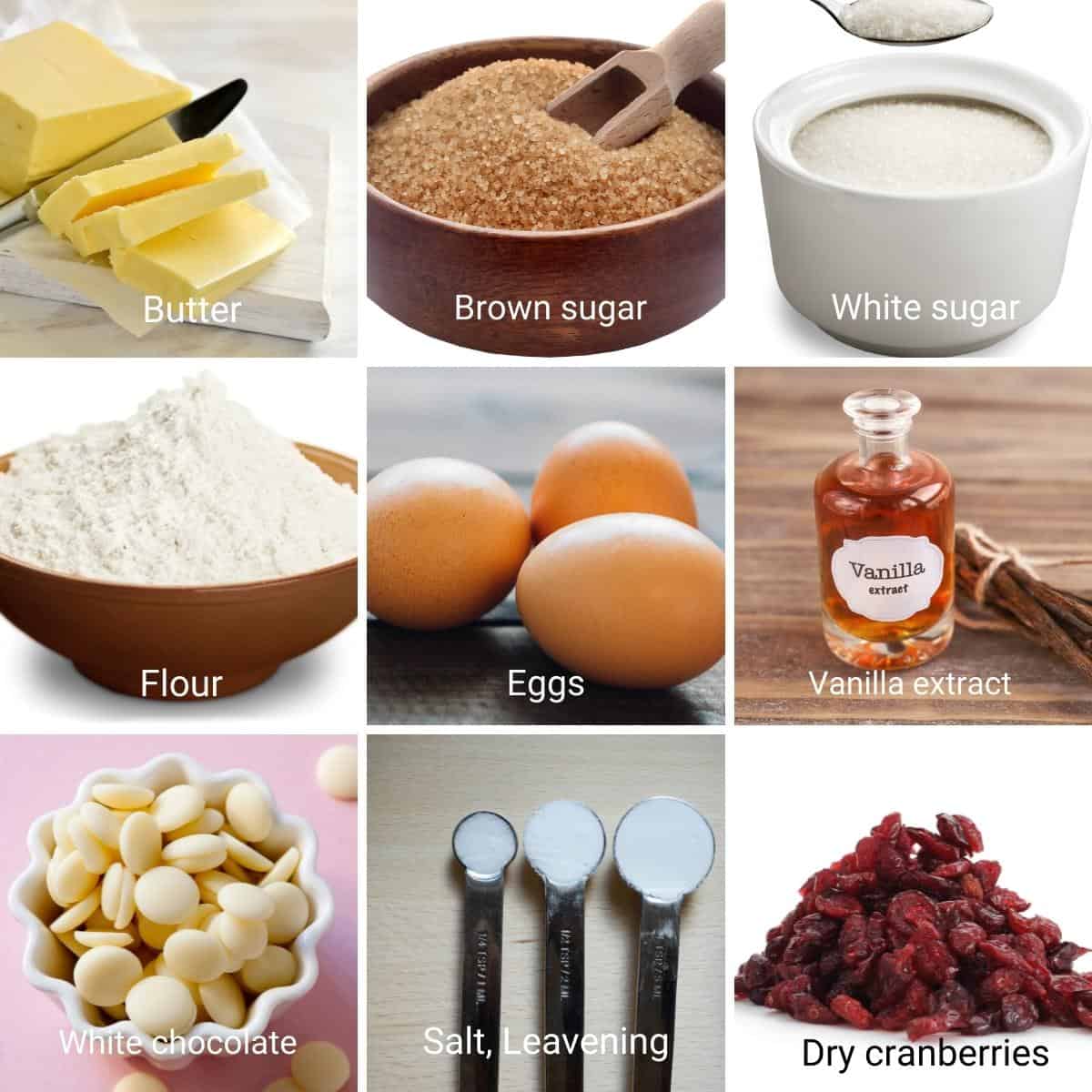 Ingredients for making bars with cranberries and white chocolate.