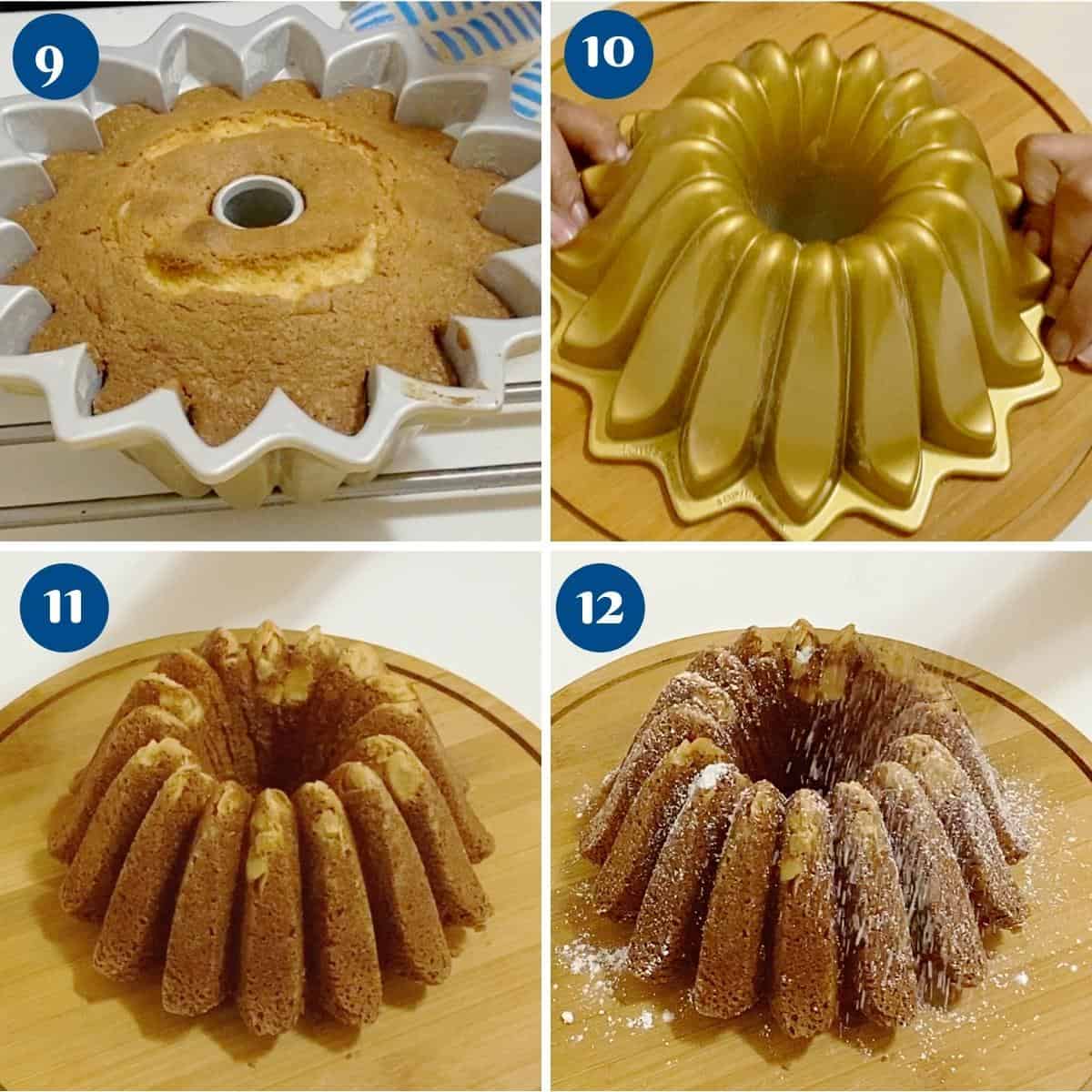 Progress pictures baking the bundt cake with marzipan.