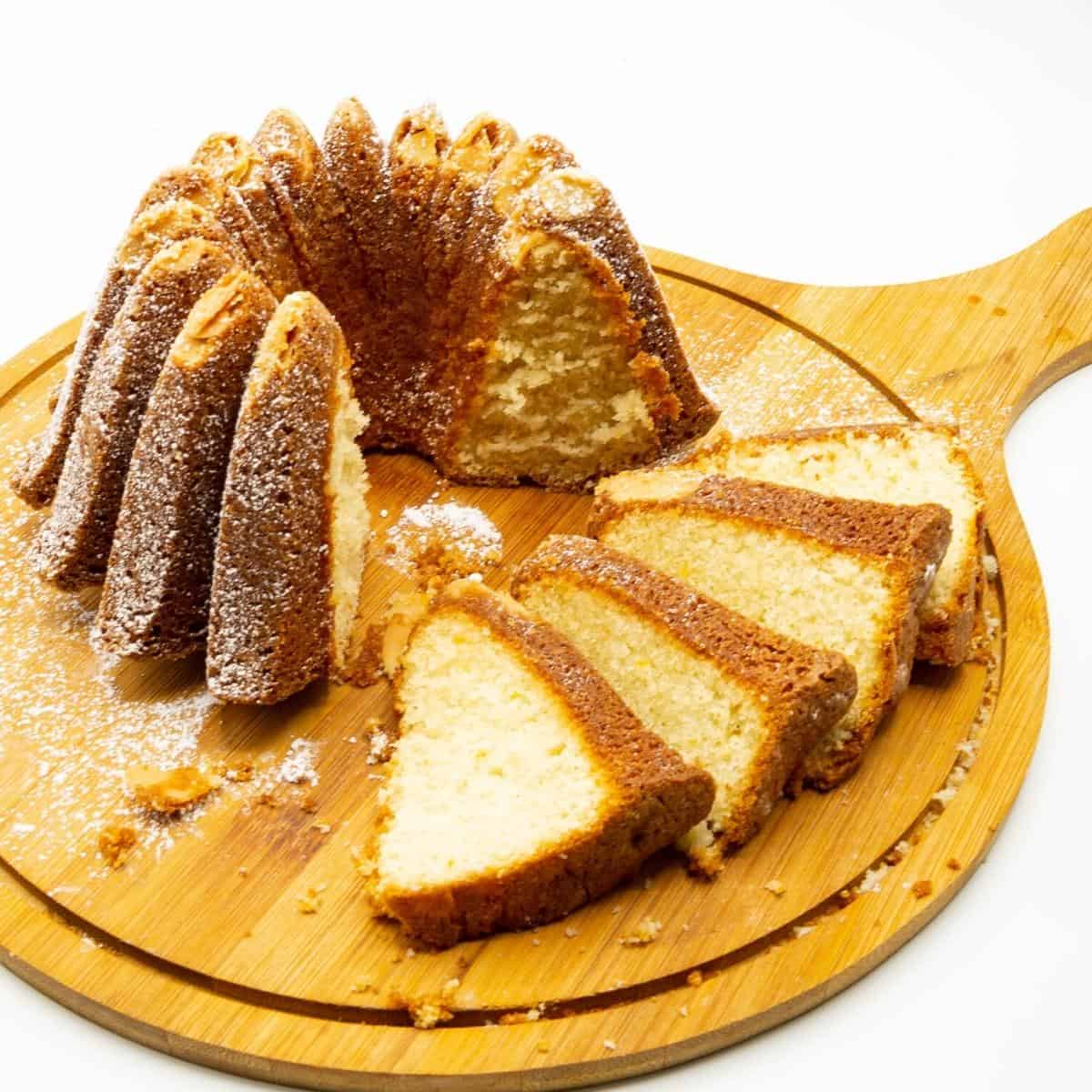 Marzipan bundt cake slices on a table.
