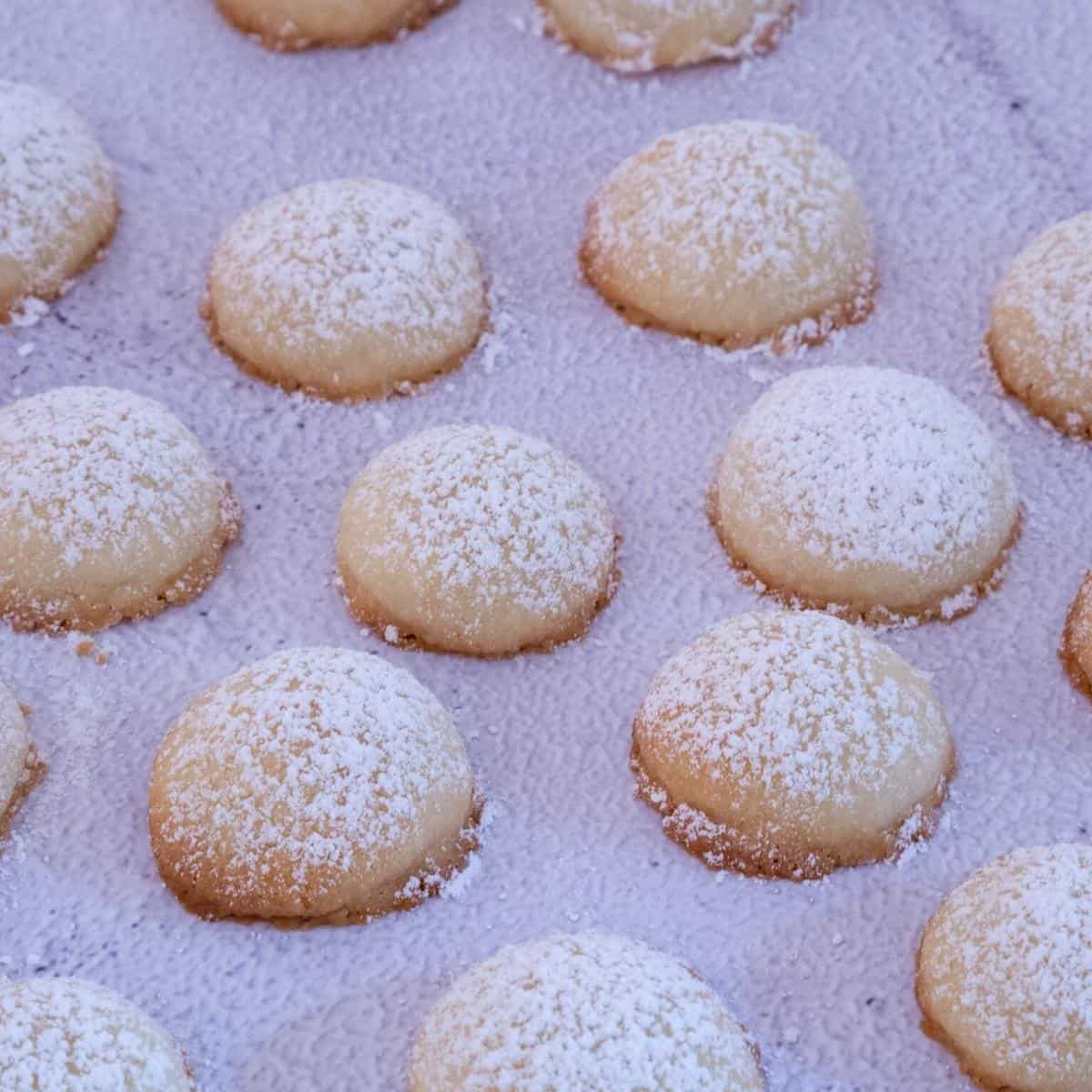 Cookies on a table dusted with powdered sugar.