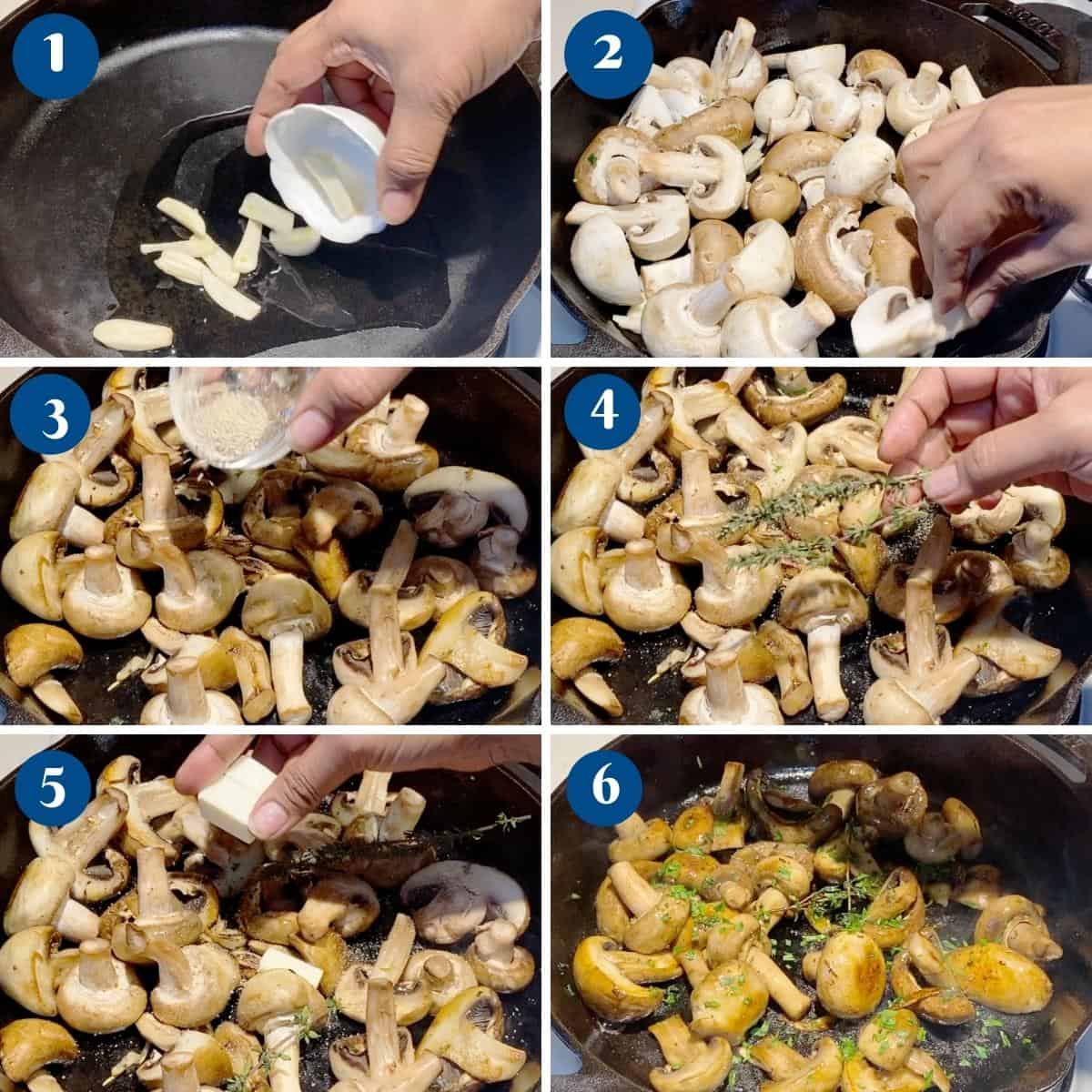 Progress pictures for making sauteed mushrooms.