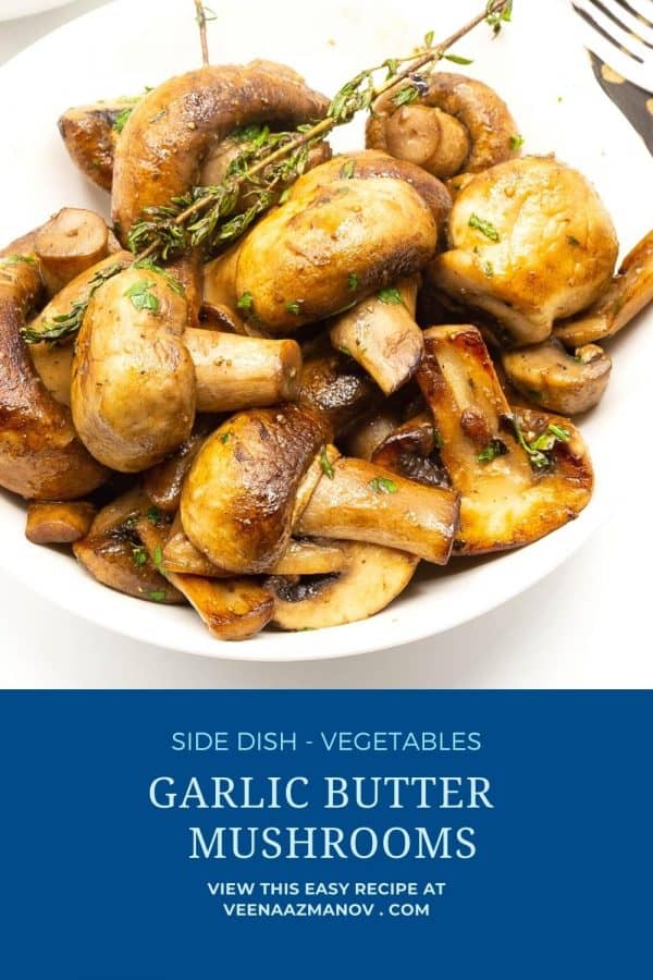 Pinterest image for mushrooms sautéed with garlic butter.