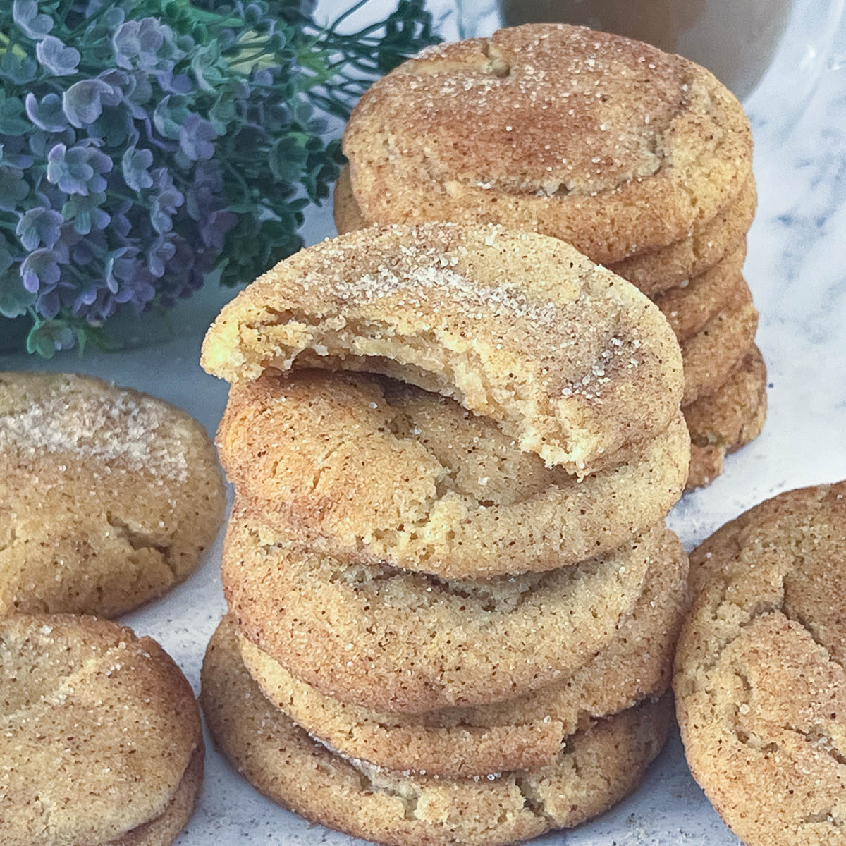 A stack with fresh baked snickerdoodle cookies.