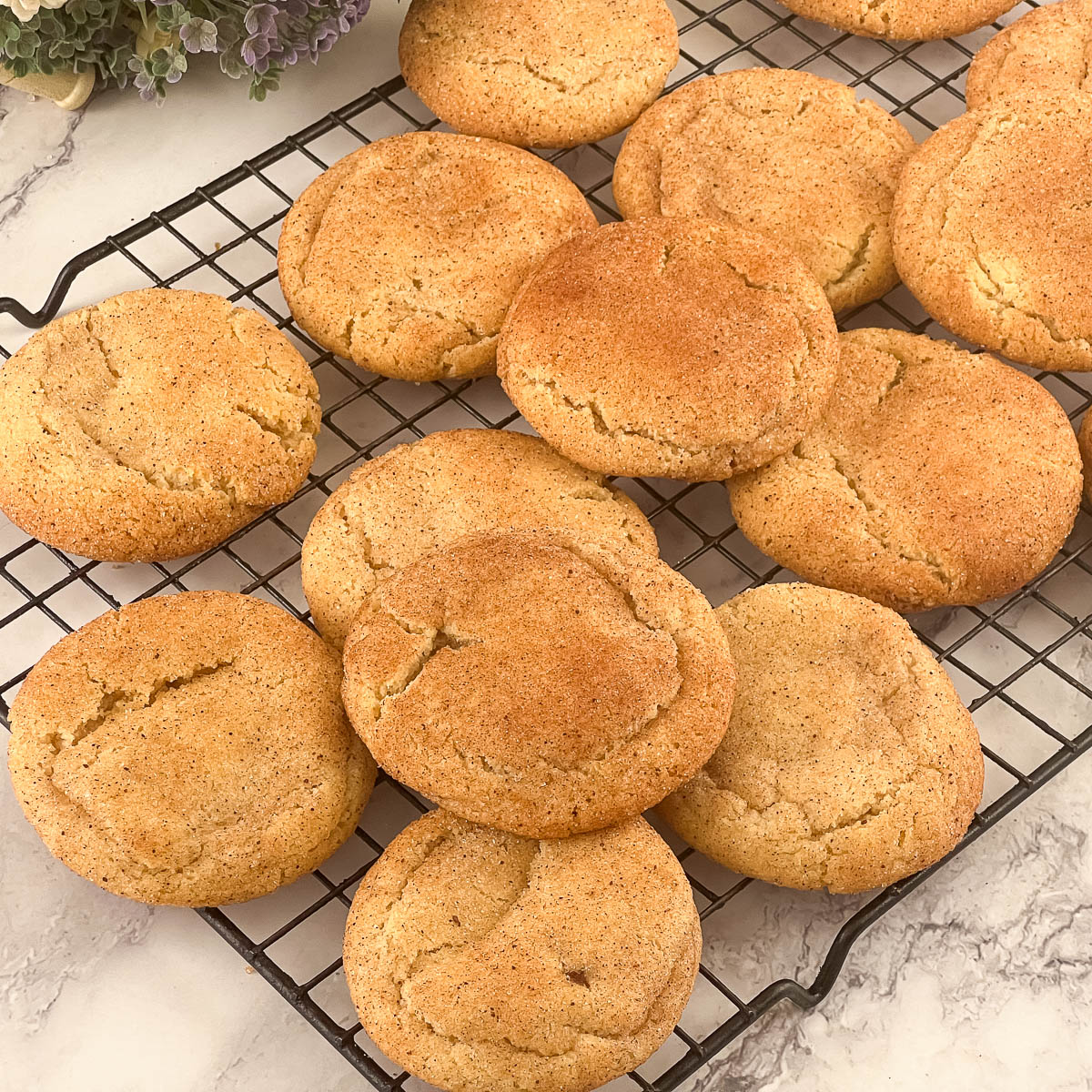 A wire rack with snickerdoodle cookies.