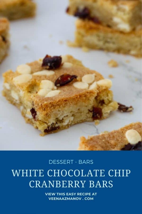 Pinterest image for white chocolate cranberry cookie bars.