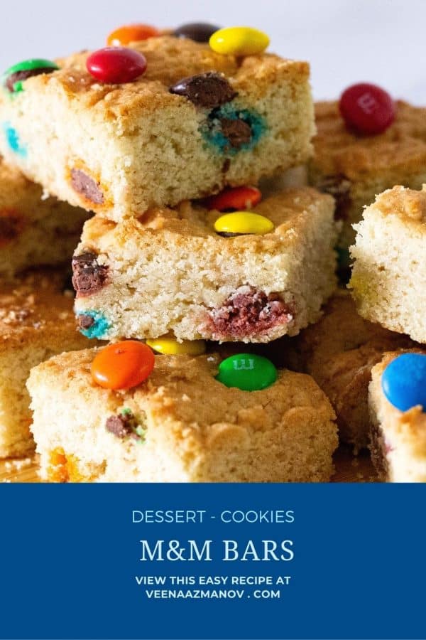 Pinterest image for M&M bars with cookie dough.