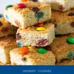Pinterest image for M&M cookie bars.