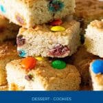 Pinterest image for M&M cookie bars.