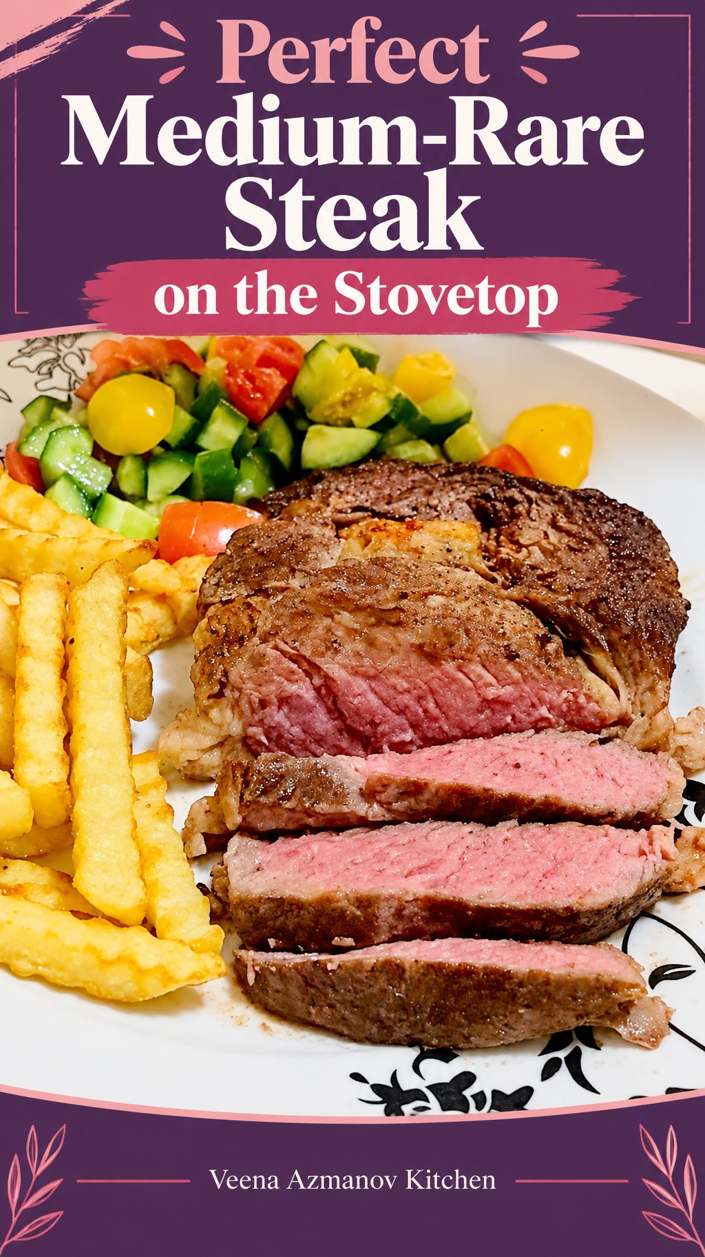 Pinterest image - How to Cook Medium Rare Steak on the Stovetop.