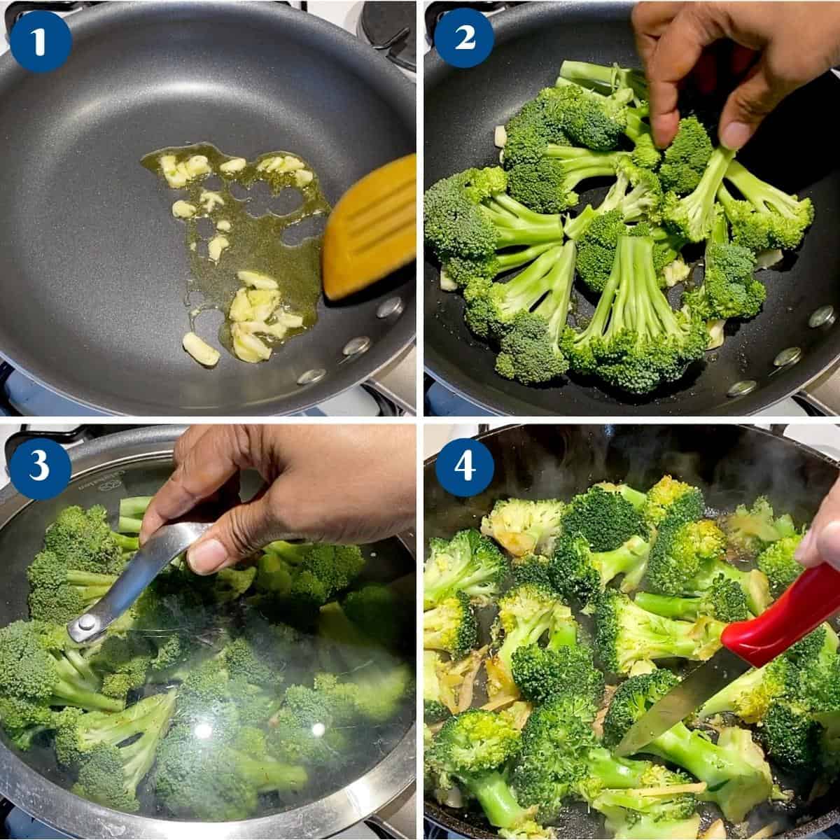 Progress pictures for broccoli sautéed with cranberries.