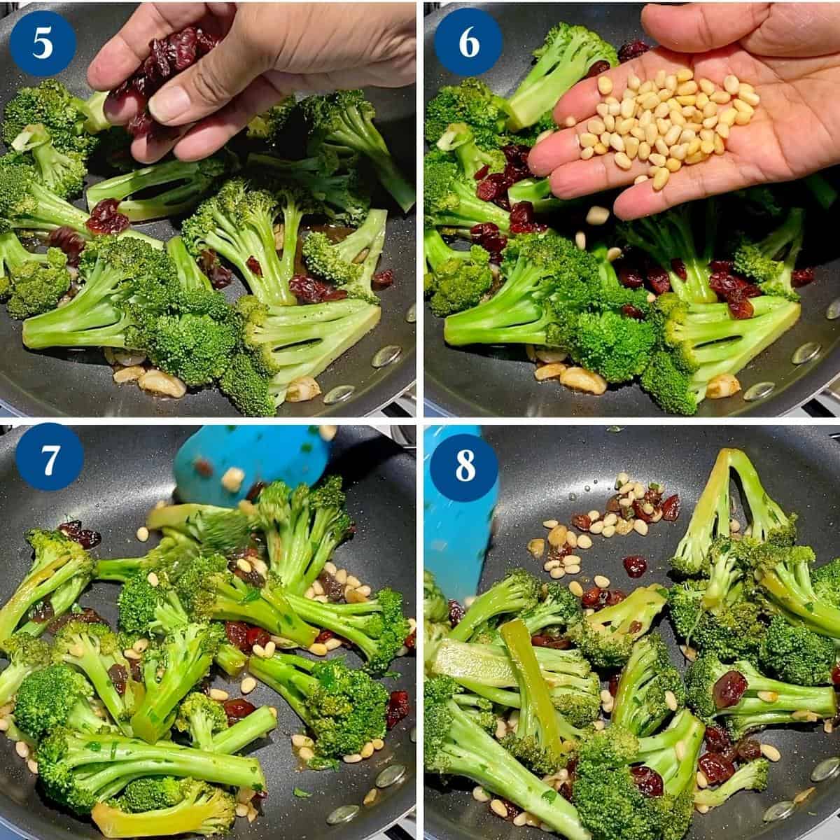 Progress pictures for broccoli sautéed with cranberries.