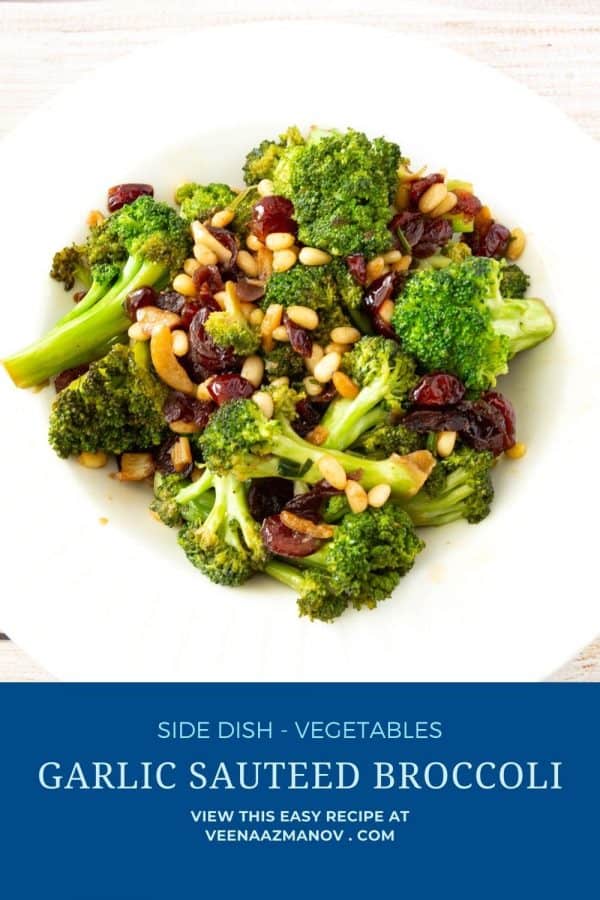 Pinterest image for garlic sautéed broccoli with cranberries.