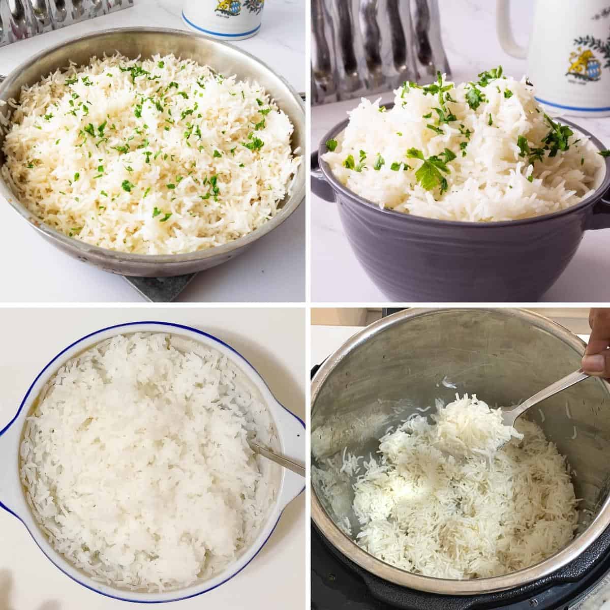 Collage of long grain basmati in different cooking methods.