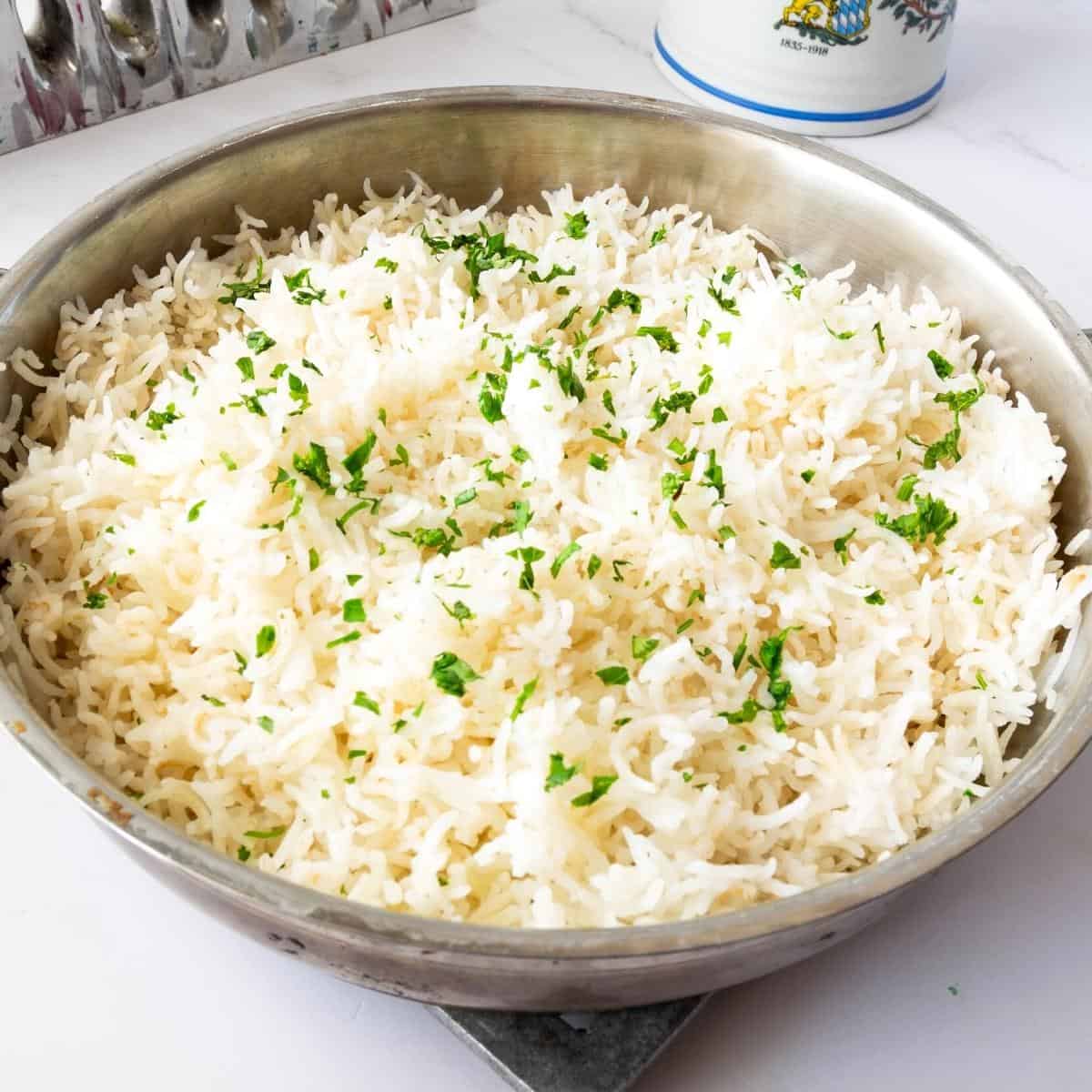 Basmati rice cooked on the stovetop.