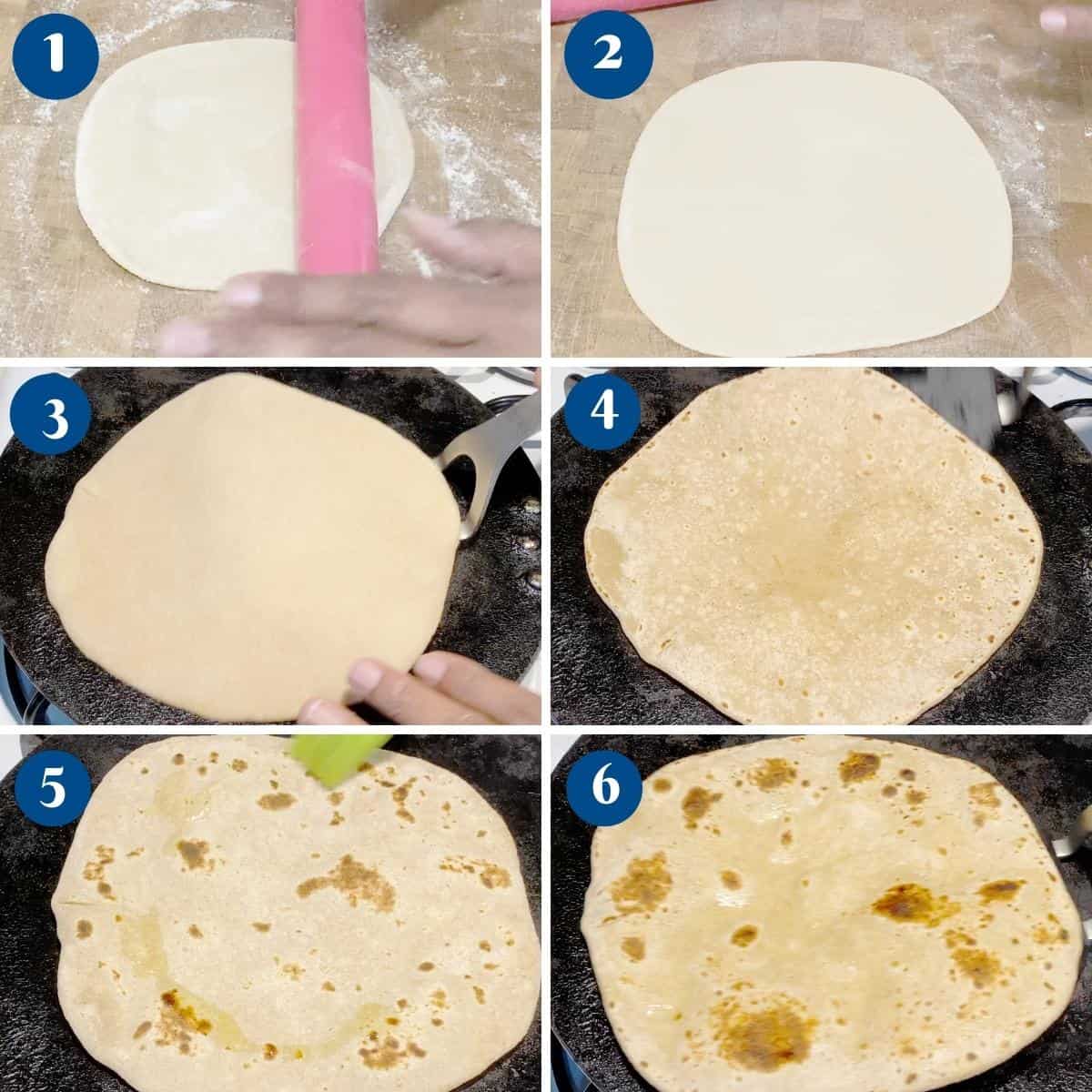 Progress pictures making Indian flatbread chapati.