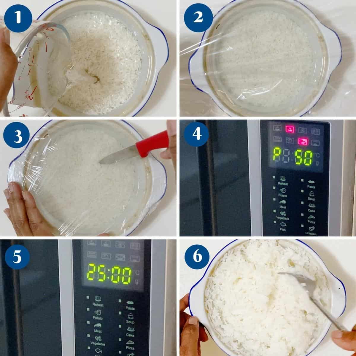Progress pictures cooking basmati rice in the microwave.