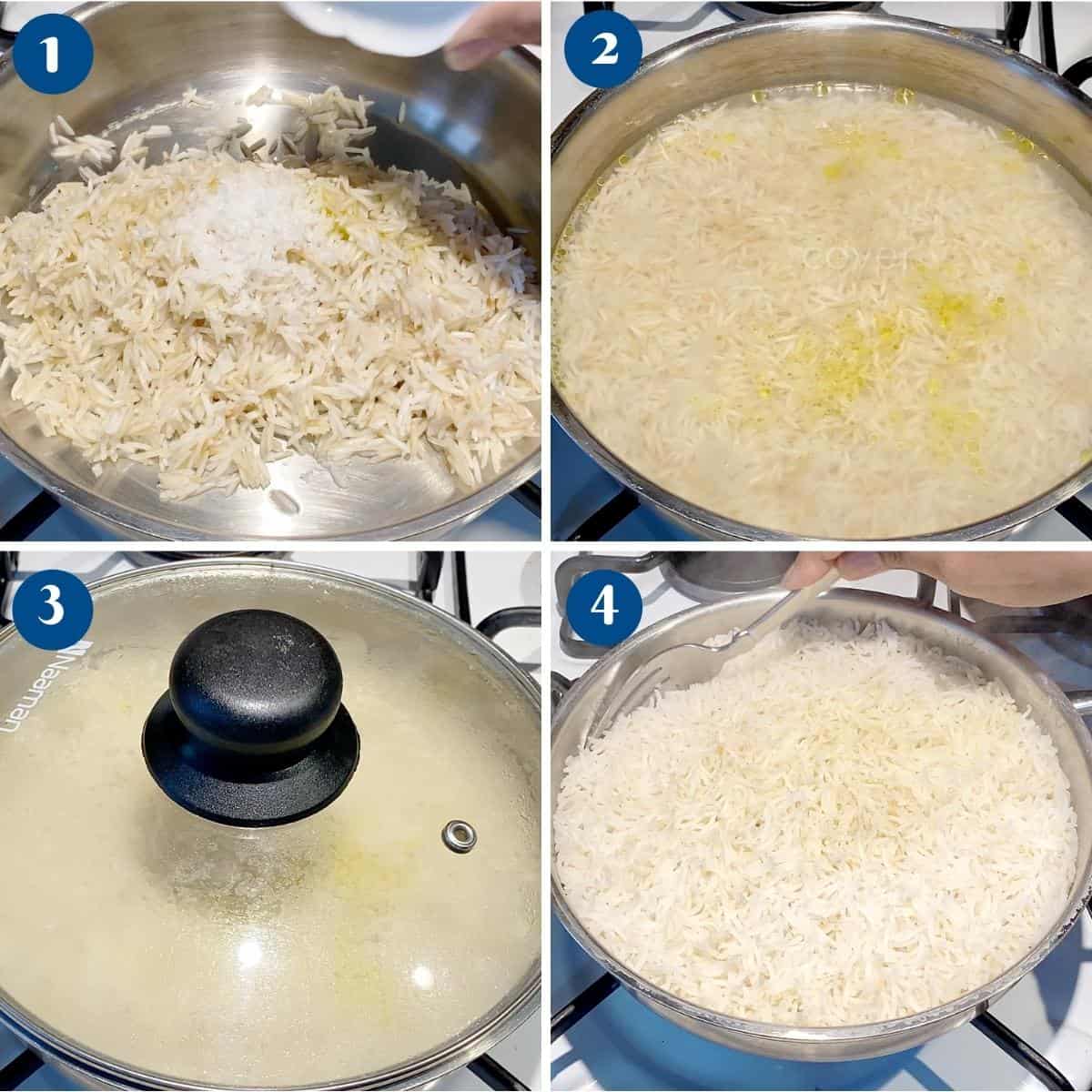 Progress pictures cooking basmati rice on stovetop.
