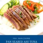 Pinterest image for pan seared tuna steaks.