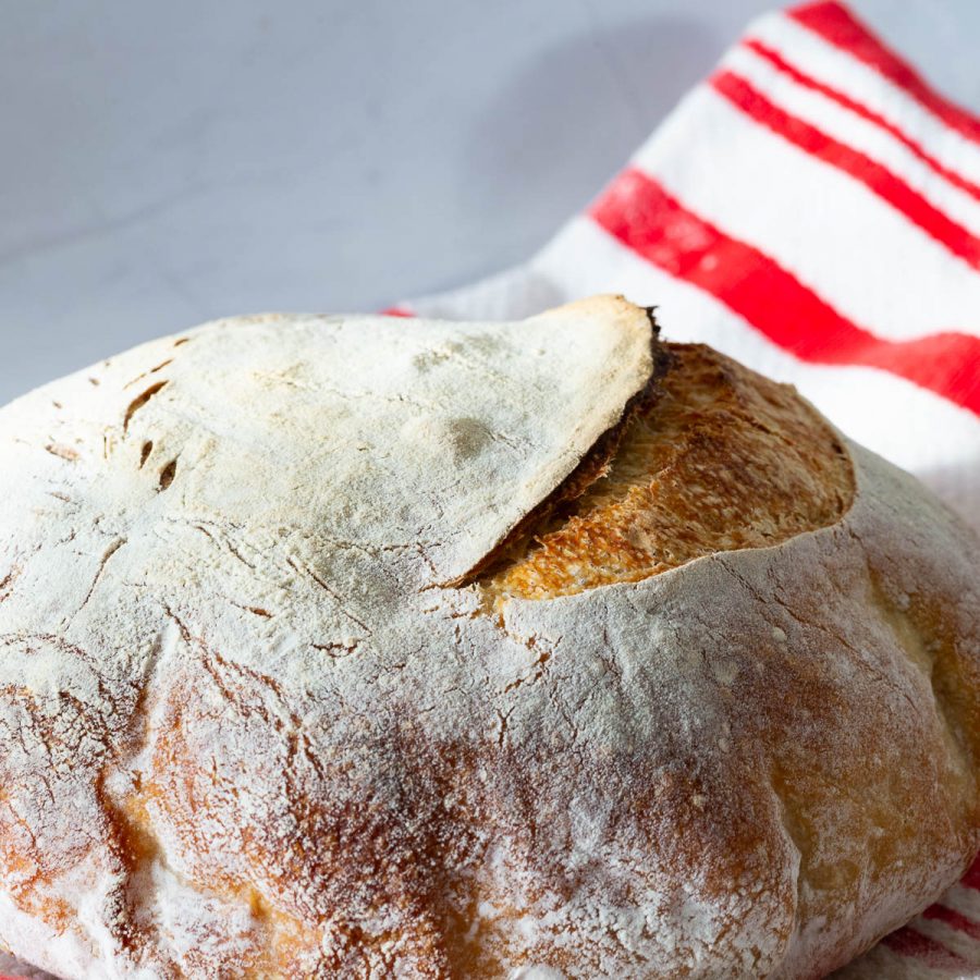 A sourdough boul on the table.