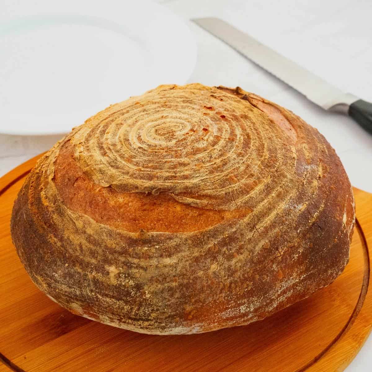 Sourdough bread on the wooden board.