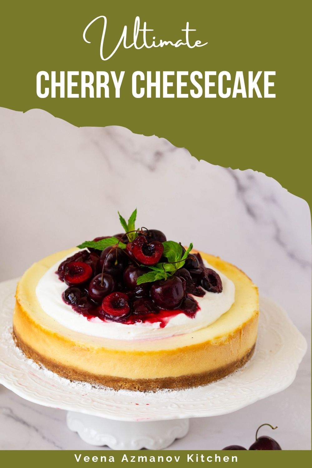 Pinterest image for Cherry Cheesecake aka White Forest Cheesecake.