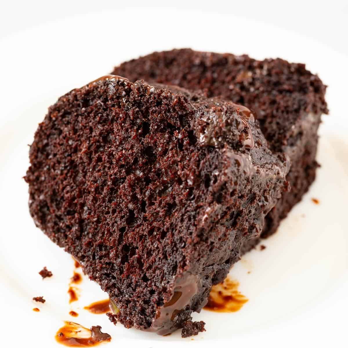 Two slices of chocolate bundt cake.