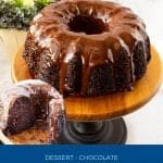 Pinterest image for chocolate cake in a bundt pan with chocolate glaze.