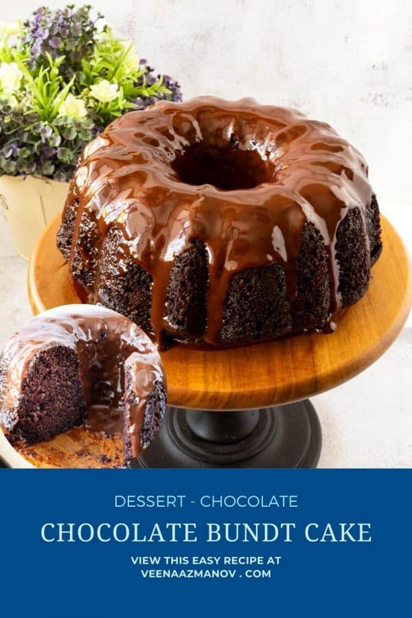 Pinterest image for chocolate cake in a bundt pan with chocolate glaze.