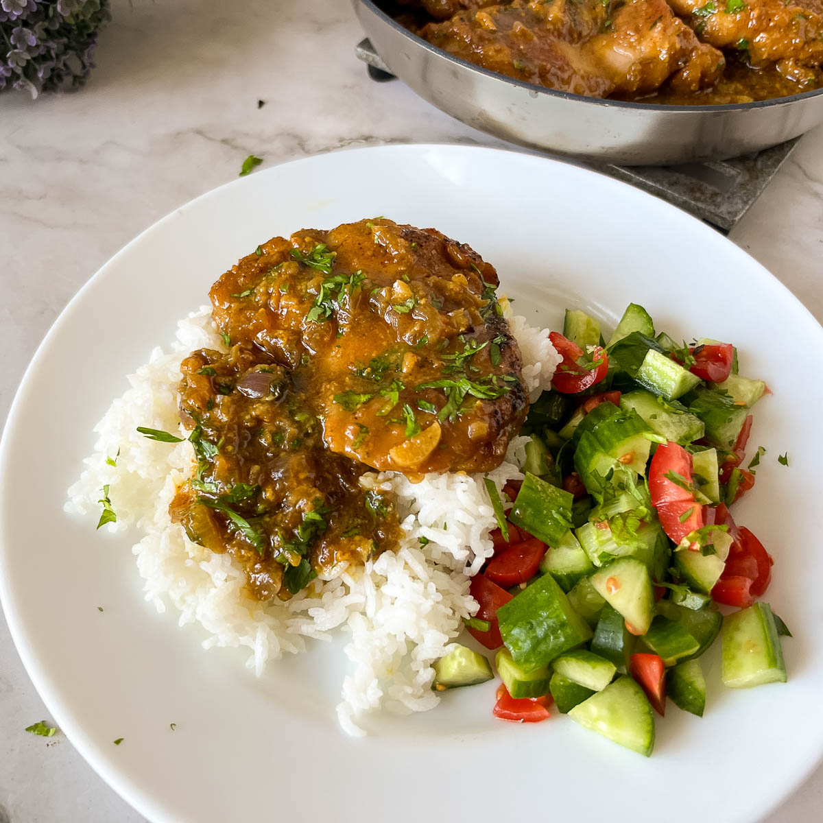 A white plate with saucy chicken and rice.