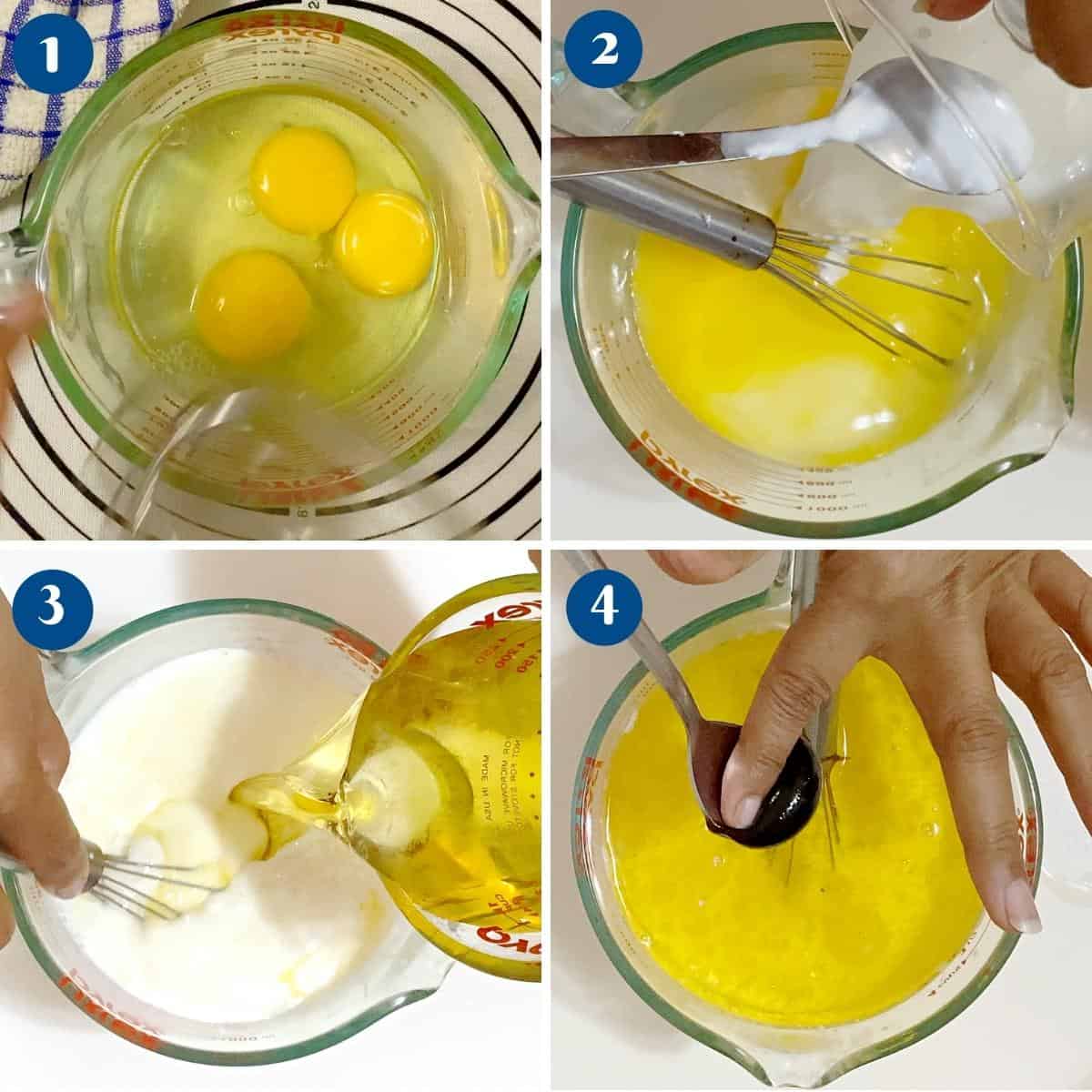 Progress pictures combine wet ingredients in a bowl.