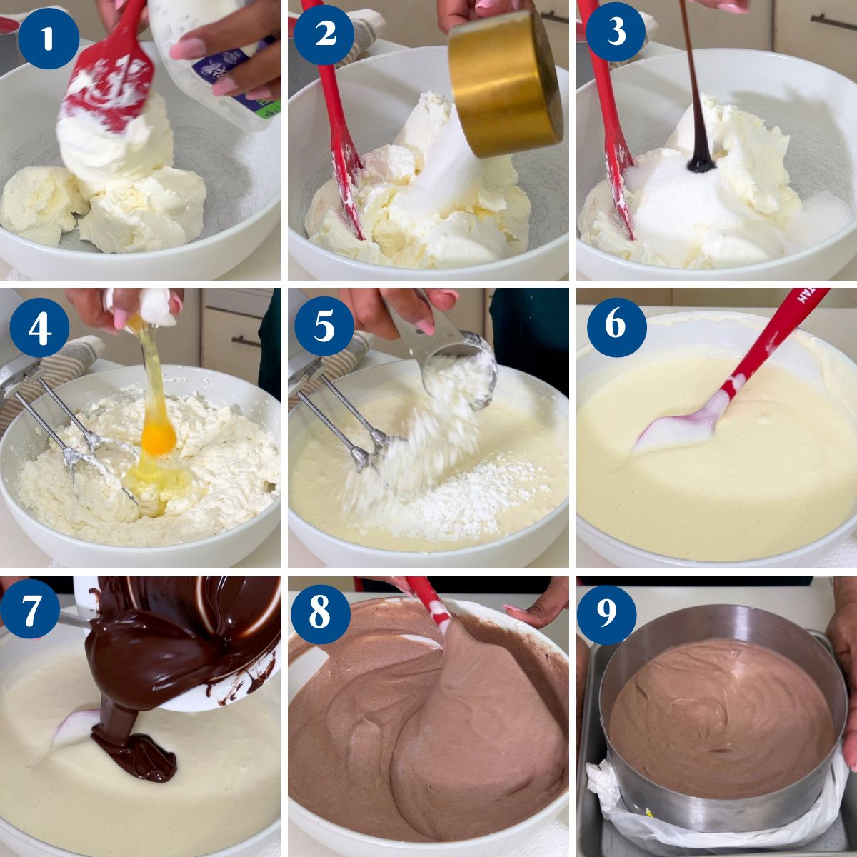 Progress pictures making chocolate cheesecake.