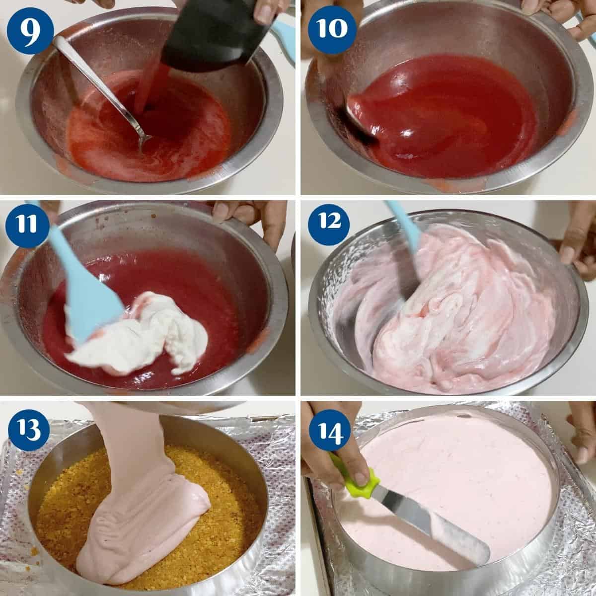Progress pictures making the strawberry mousse.