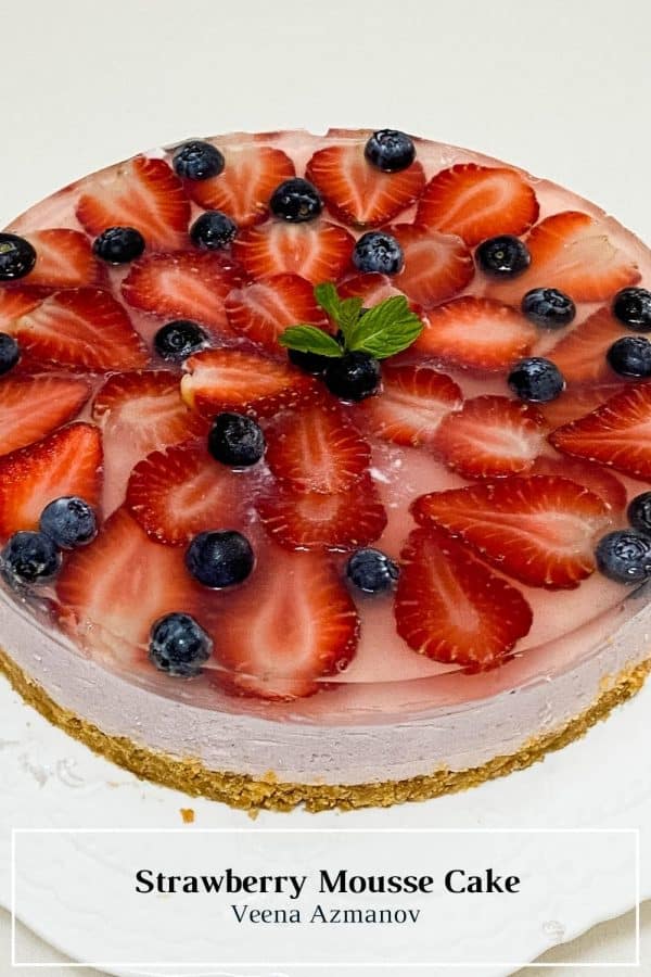 Pinterest image for mousse cake with strawberries.