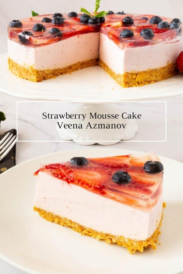 Pinterest image for mousse cake with strawberries.