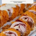Pinterest image for cordon bleu chicken with cheese sauce.