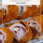 Pinterest image for cordon bleu chicken with cheese sauce.