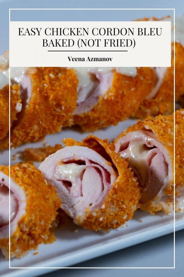 Pinterest image for cordon bleu chicken with cheese sauce.