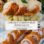 Pinterest image for cordon bleu chicken with cheese sauce.