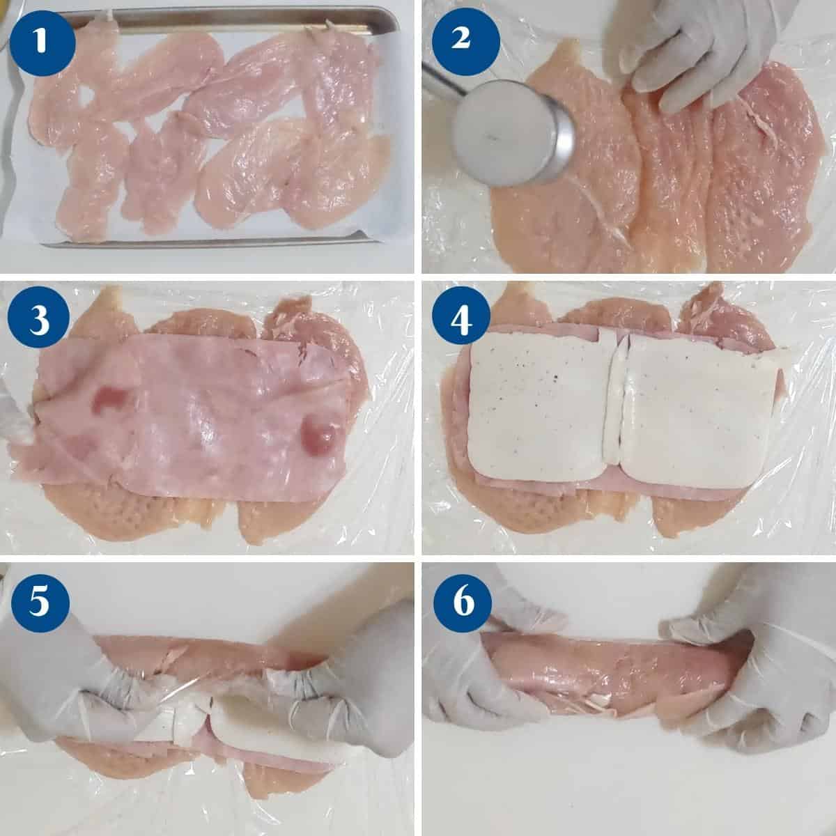 Progress pictures stuffing the chicken breast with ham and cheese.