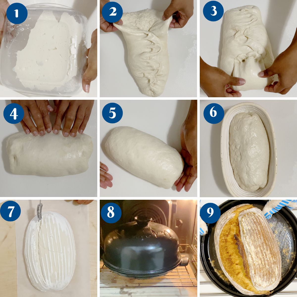 Progress pictures shaping and baking sourdough bread.