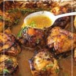 A baking dish with chicken thighs baked in juices.