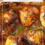 A baking dish with chicken thighs baked in juices.