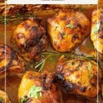 A baking dish with chicken thighs baked in juices.