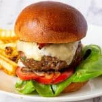 A cheese burger on the plate.