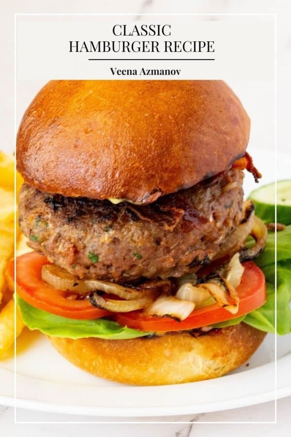 Pinterest image for classic hamburgers recipe.
