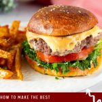 Pinterest image for juicy burgers with baked home fries.