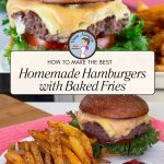 Pinterest image for juicy burgers with baked home fries.