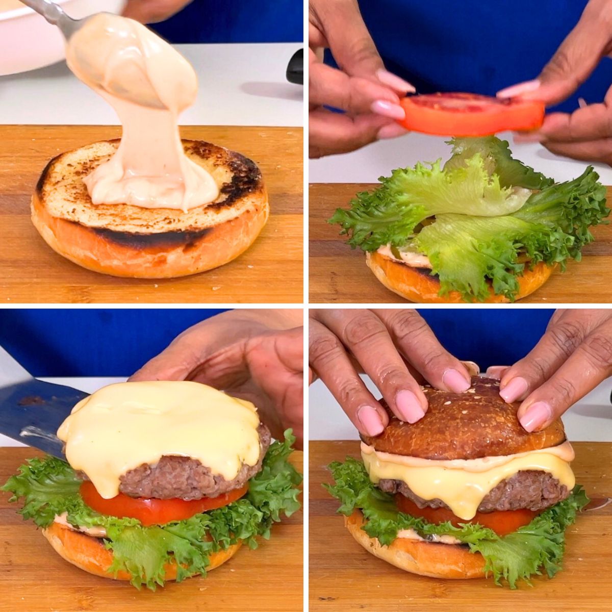 Progress pictures stacking the hamburger.
