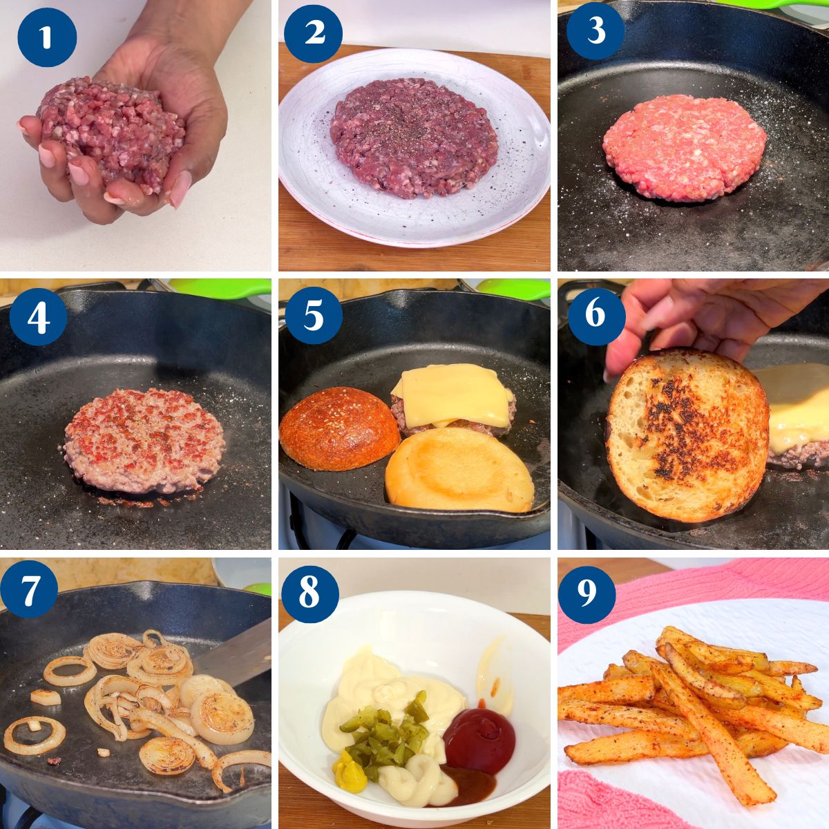 Progress pictures making hamburgers.