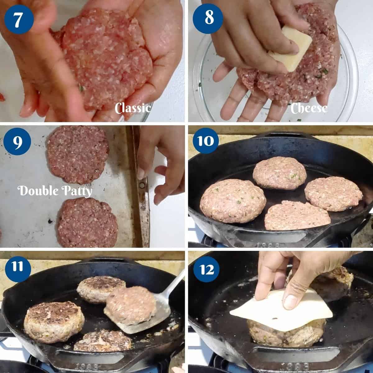 Progress pictures shaping and grilling the hamburgers.